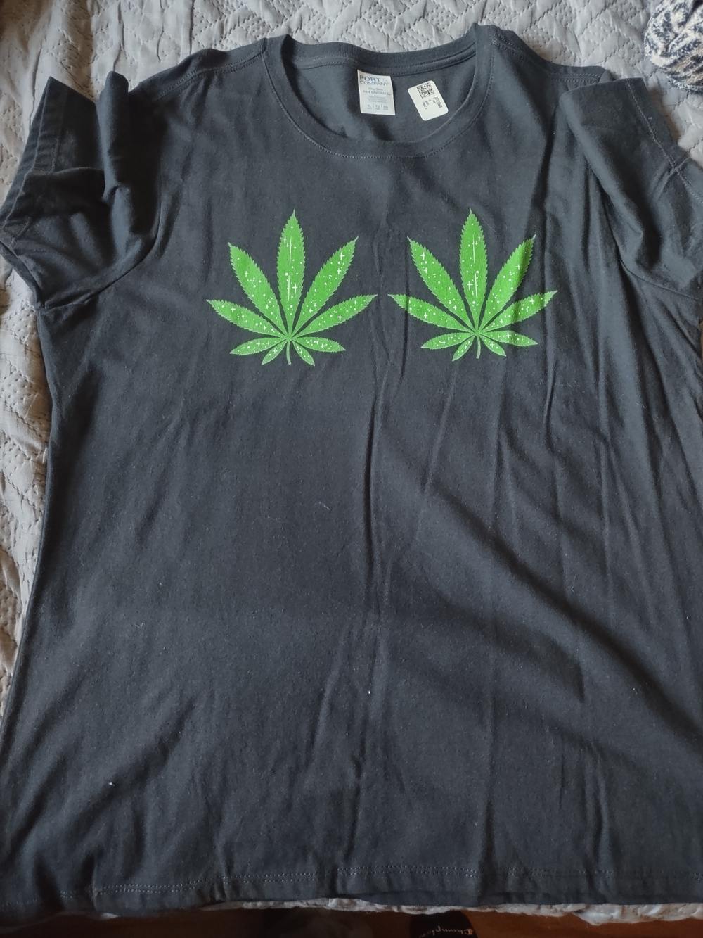 Women's Black Graphic Tee with Green Leaf Design